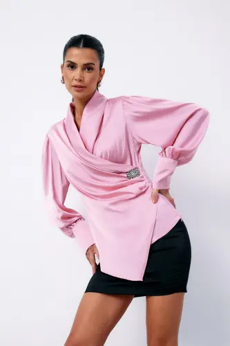 Brooch Detailed Crossover Blouse - PINK-PINK - 7
