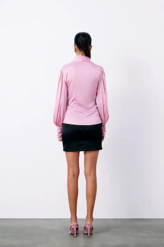 Brooch Detailed Crossover Blouse - PINK-PINK - 8