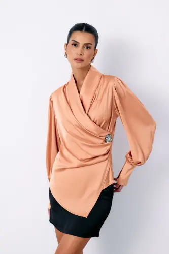 Brooch Detailed Crossover Blouse - SALMON-SALMON - 6