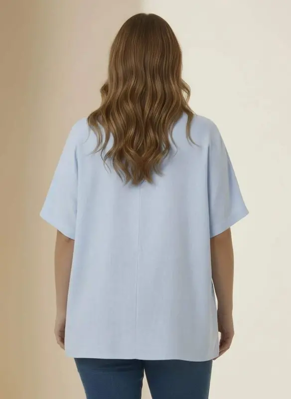 Brooch Detailed V-Neck Women's Plus Size Blouse Baby Blue - 4