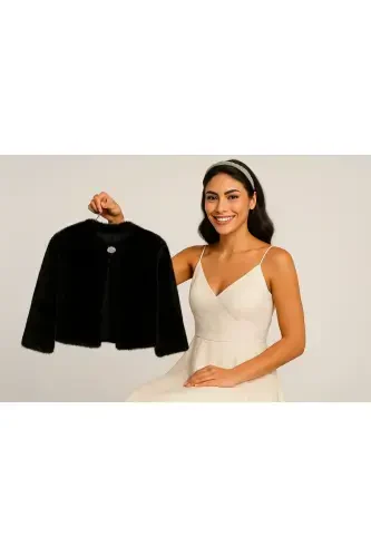 Brooch French Fur Stole Bridal Bolero Bridal Shawl Black - 3