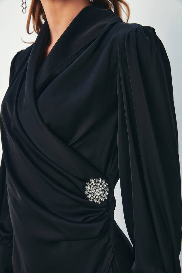 Brooch Lapel Blouse - BLACK - 7