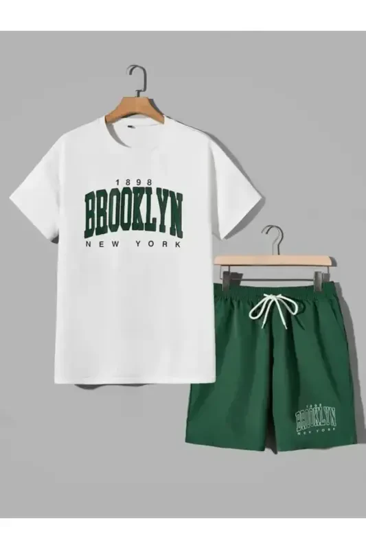 Brooklyn New York 1898 Alt Üst Baskılı Beyaz T-shirt Nefti Yeşil Şort Takım Oversize Unisex-YEŞİL ŞORT - DUBU BUTİK