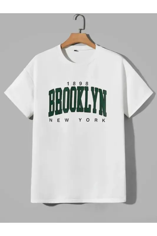 Brooklyn New York 1898 Alt Üst Baskılı Beyaz T-shirt Nefti Yeşil Şort Takım Oversize Unisex-YEŞİL ŞORT - 5