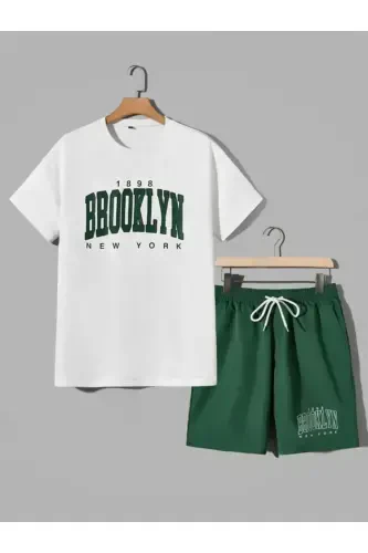 Brooklyn New York 1898 Ost-Ust Bosmali Oq T-shirt Nefti Yashil Short Takim Oversize Unisex-YASHIL SHORT - 1