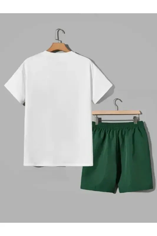 Brooklyn New York 1898 Ost-Ust Bosmali Oq T-shirt Nefti Yashil Short Takim Oversize Unisex-YASHIL SHORT - 2