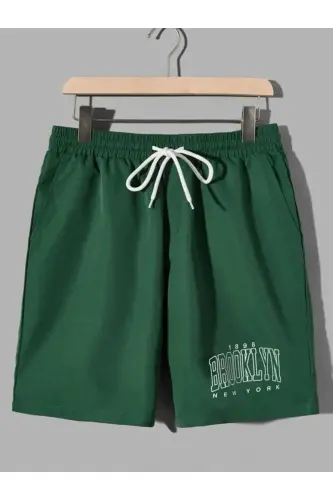 Brooklyn New York 1898 Upside Down Printed White T-shirt Petrol Green Shorts Set Oversize Unisex-GREEN SHORTS - 4