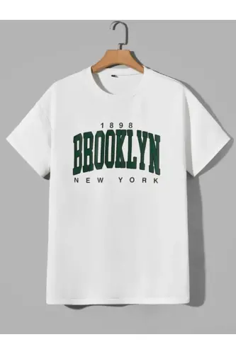 Brooklyn New York 1898 Upside Down Printed White T-shirt Petrol Green Shorts Set Oversize Unisex-GREEN SHORTS - 10