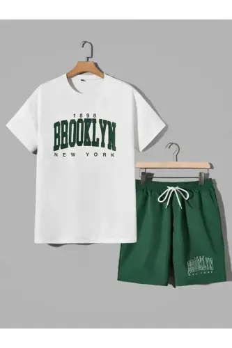 Brooklyn New York 1898 Upside Down Printed White T-shirt Petrol Green Shorts Set Oversize Unisex-GREEN SHORTS 
