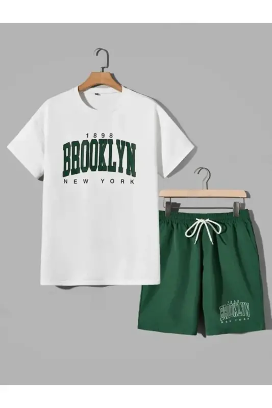 Brooklyn New York 1898 Upside Down Printed White T-shirt Petrol Green Shorts Set Oversize Unisex-GREEN SHORTS - 1