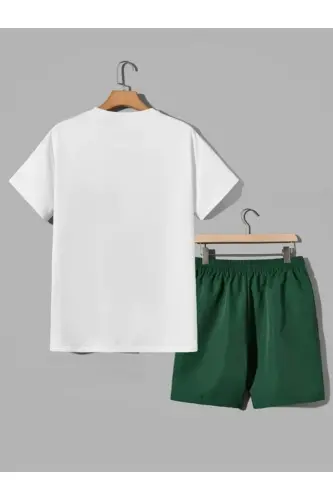 Brooklyn New York 1898 Upside Down Printed White T-shirt Petrol Green Shorts Set Oversize Unisex-GREEN SHORTS - 2