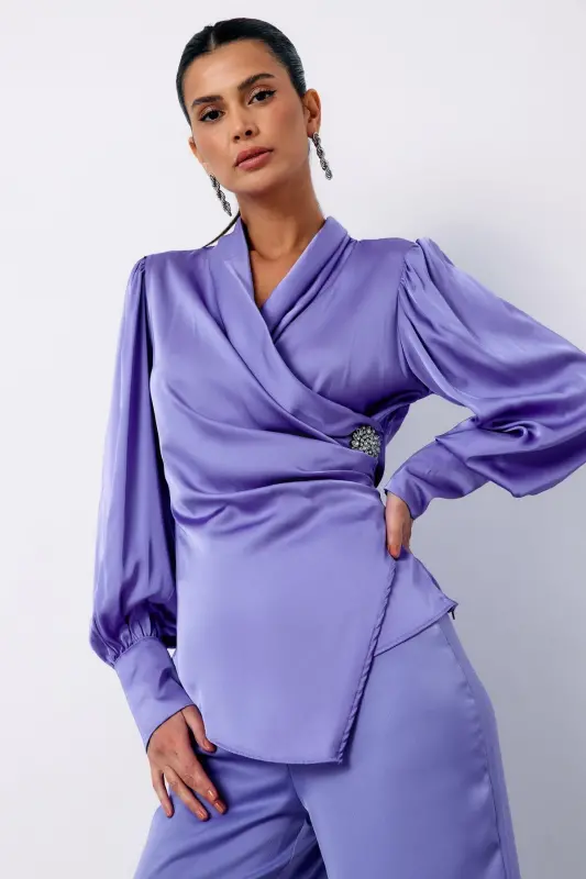 Broşli Kruvaze Bluz - LİLA-LİLA - 3