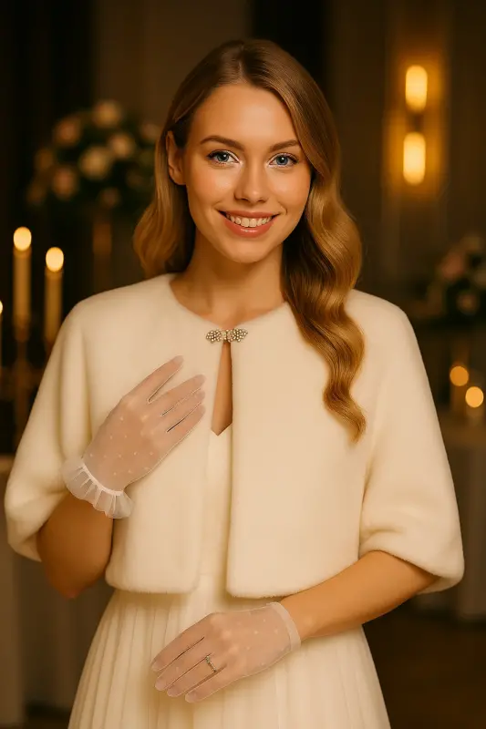 Broşlu Fransız Kollu Kürk Etol Gelin Bolero Gelin Şalı Kırık Beyaz-Kırık Beyaz - ELEGANCE SCARF