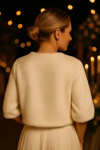 Broşlu Fransız Kollu Kürk Etol Gelin Bolero Gelin Şalı Kırık Beyaz-Kırık Beyaz - ELEGANCE SCARF (1)