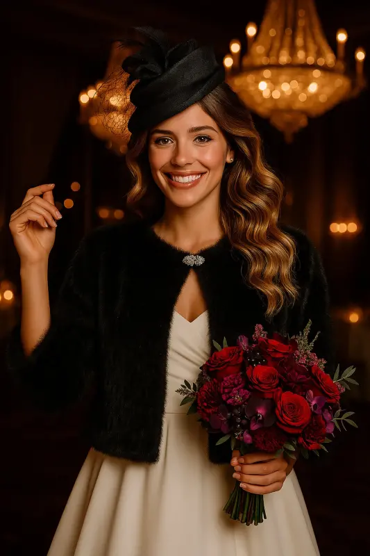 Broşlu Fransız Kollu Kürk Etol Gelin Bolero Gelin Şalı Siyah-Siyah - ELEGANCE SCARF