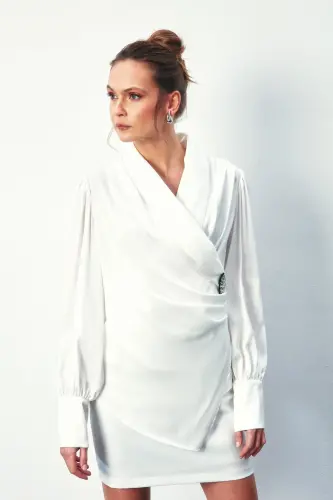 Broşlu Kruvaze Bluz - Ekru-EKRU - 4