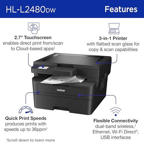 Brother HL-L2480DW Kablosuz Kompakt Monokrom Çok Fonksiyonlu Lazer Yazıcı, Fotokopi ve Tarama, Çift Taraflı Baskı, Mobil, Siyah Beyaz | Yenileme Aboneliği Deneme Sürümü Dahil (1), Modazone Dash Yeniden Doldurma Hazır - 3