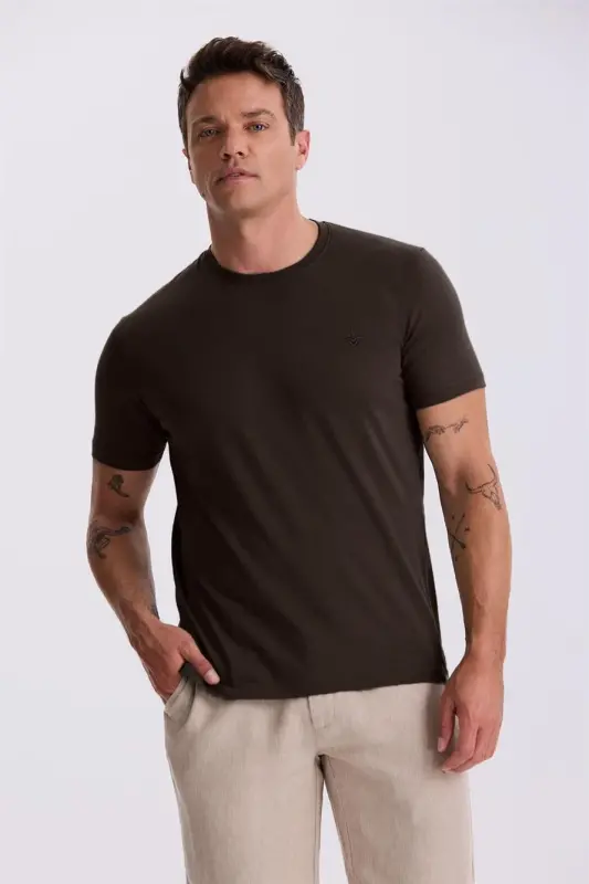 Brown 100% Cotton Slim Fit Crew Neck Basic T-Shirt - JAKAMEN