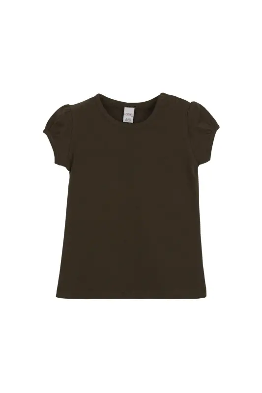 Brown Basic Baby Girl Snap Button Crew Neck Puff Sleeve T-Shirt - Brown - 1