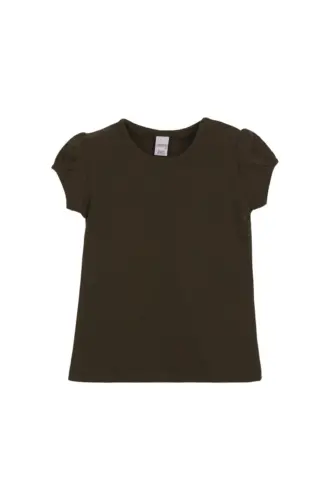Brown Basic Baby Girl Snap Button Crew Neck Puff Sleeve T-Shirt - Brown - LOVETTI (1)