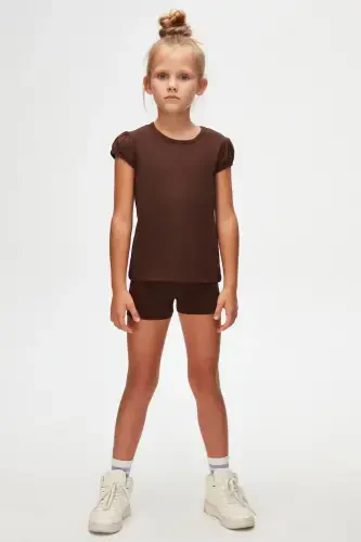 Brown Basic Girls' Crew Neck Melon Sleeve T-shirt-CHESTNUT - 1