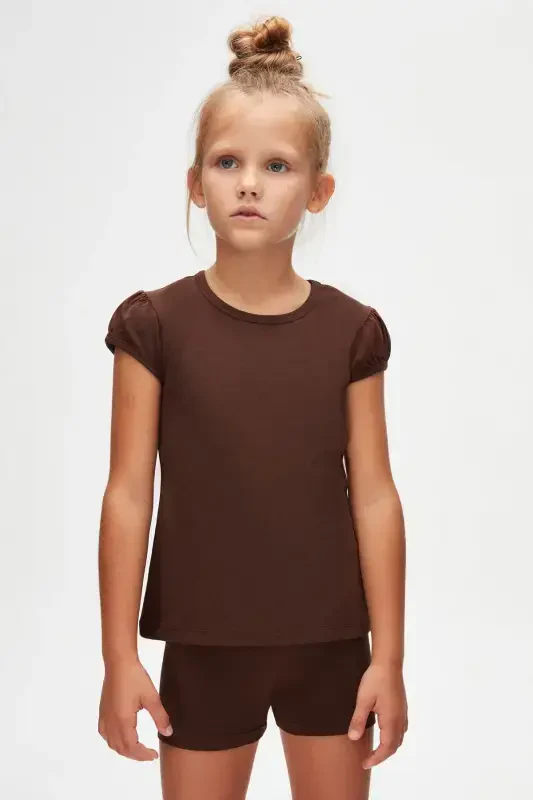 Brown Basic Girls' Crew Neck Melon Sleeve T-shirt-CHESTNUT - 2
