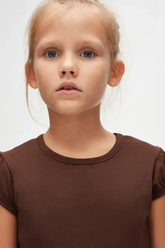 Brown Basic Girls' Crew Neck Melon Sleeve T-shirt-CHESTNUT - 3