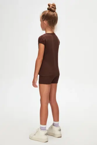 Brown Basic Girls' Crew Neck Melon Sleeve T-shirt-CHESTNUT - 4