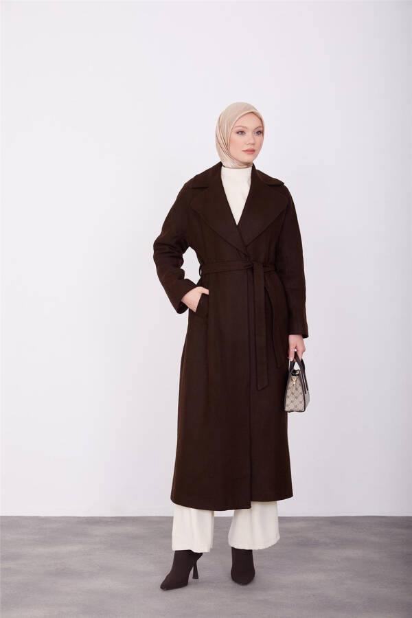 Brown belted coat with diagonal texture (23K8611) - 7