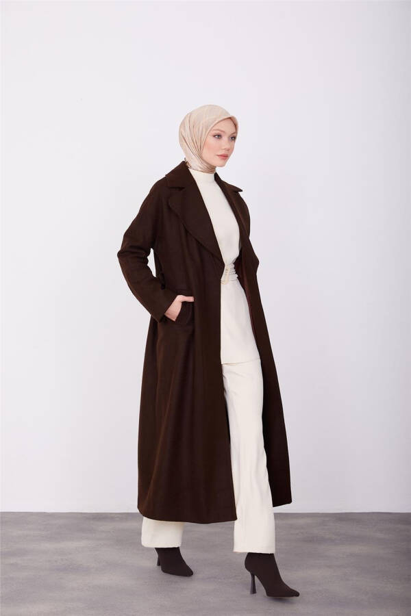 Brown belted coat with diagonal texture (23K8611) - 9