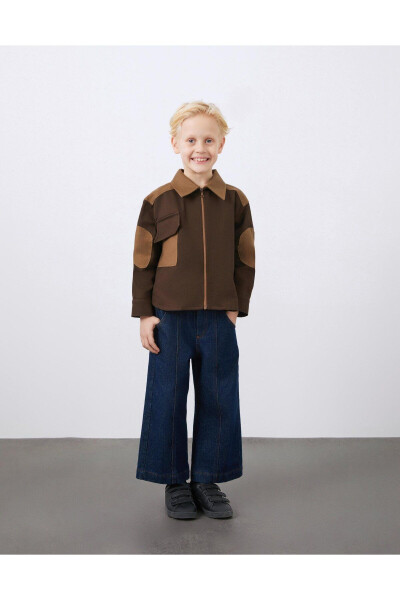 Brown Boys' Zipper Jacket with Garni and Pocket Details - 1