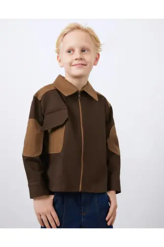 Brown Boys' Zipper Jacket with Garni and Pocket Details - 1