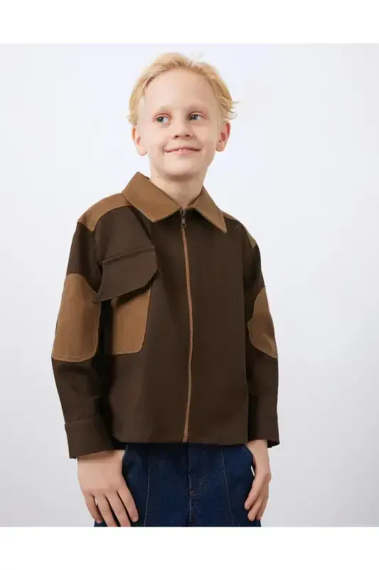 Brown Boys' Zipper Jacket with Garni and Pocket Details - Modazone