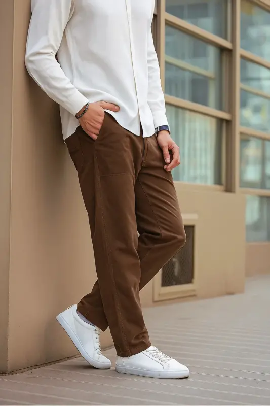 Brown Color Men's Summer Linen Blend Relaxed Pants - Brown-Brown - 3