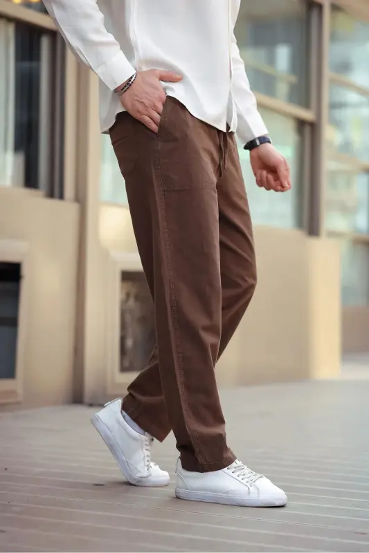 Brown Color Men's Summer Linen Blend Relaxed Pants - Brown-Brown - 5