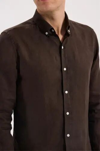 Kahve Comfort Fit %100 Keten Düğmeli Yaka Gömlek - 3