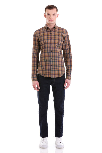 Brown Comfort Fit Plaid 100% Cotton Button-Down - HATEMOĞLU (1)