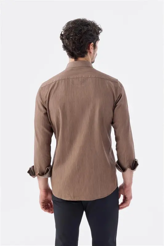 Kahve Comfort Fit Cepli Çıtçıtlı %100 Pamuk Kot Gömlek - 5