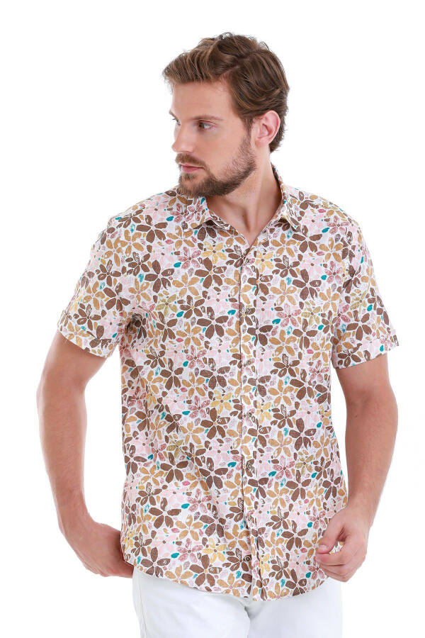 Brown Comfort Fit Printed 100% Cotton Slim Collar - 3