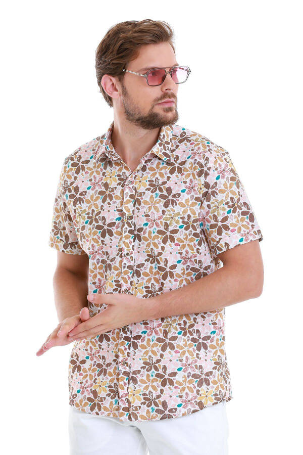 Brown Comfort Fit Printed 100% Cotton Slim Collar - 4