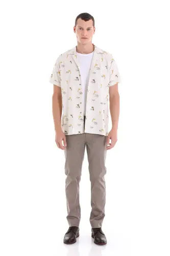 Brown Comfort Fit Printed Band Collar 100% Cotton Short Sleeve Casual Shirt-Brown - HATEMOĞLU (1)