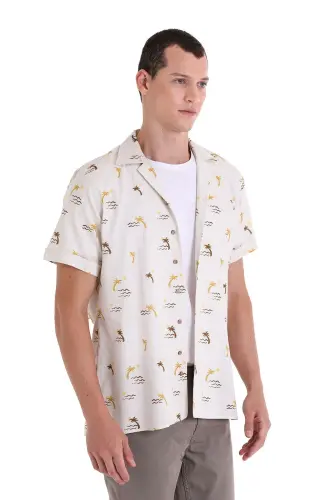 Brown Comfort Fit Printed Band Collar 100% Cotton Short Sleeve Casual Shirt-Brown - 4