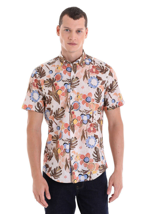 Brown Comfort Fit Printed Button-Down Collar 100% P - 1