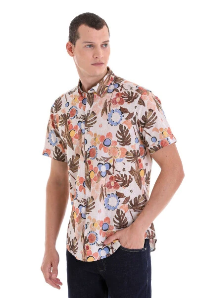 Brown Comfort Fit Printed Button-Down Collar 100% P - 3