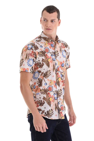 Brown Comfort Fit Printed Button-Down Collar 100% P - 4