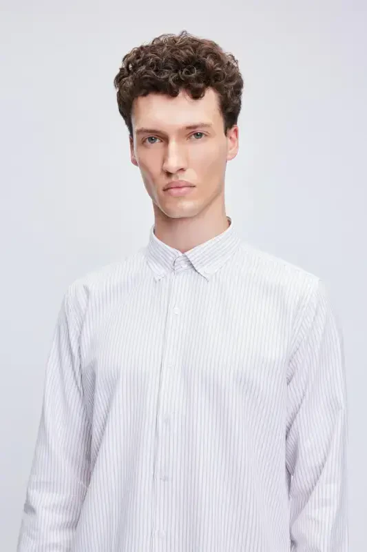 Brown Comfort Fit Striped Cotton Button-Down Collar - 3