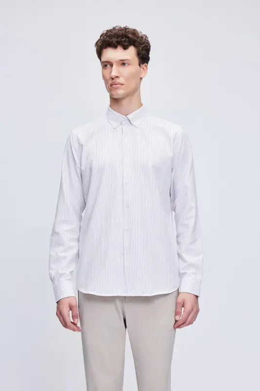 Brown Comfort Fit Striped Cotton Button-Down Collar - 1