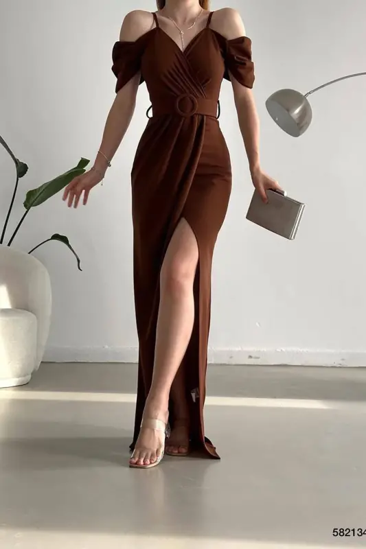 Brown Crepe Fabric Double-Breasted Collar Slit Belted Dress - Brown - DEAFOX