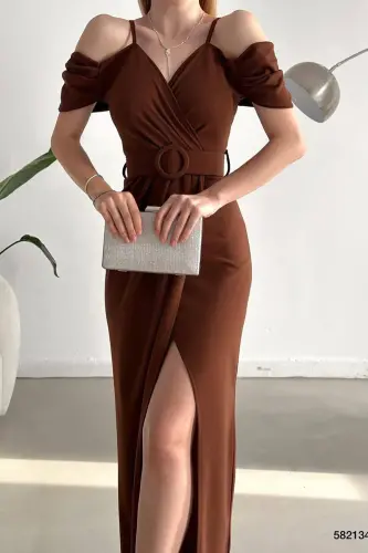 Brown Crepe Fabric Double-Breasted Collar Slit Belted Dress - Brown - 3