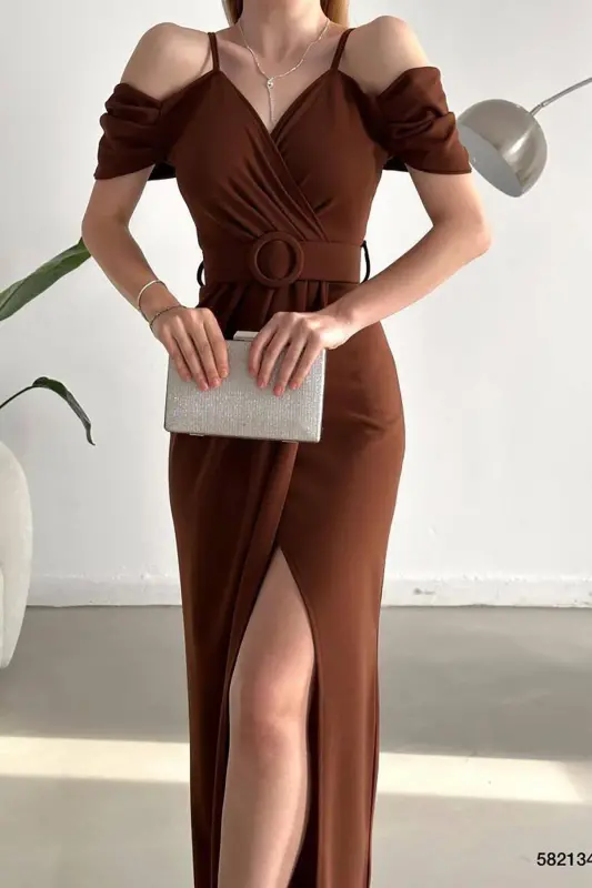 Brown Crepe Fabric Double-Breasted Collar Slit Belted Dress - Brown - 3
